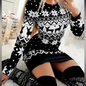 New Black & White Winter Deer Print Body Con Mini Long Sleeve Dress XXL 14 Plus